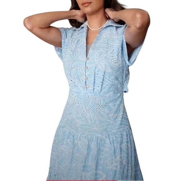 ZARA‎ Dress WMNS M Blue Embroidered Eyelet Midi  Shirt Cutwork V-Neck 7946/528 - Picture 3 of 16